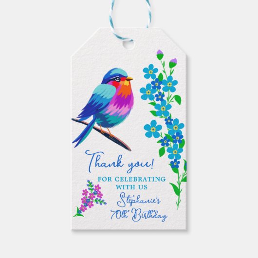 Blue Bird Vergeet-mij-nietje Bloemen 70e Verjaarda Cadeaulabel (Voorkant)