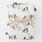 Blue Bird Winter Gold Pattern Inpakpapier Vel (In situ)