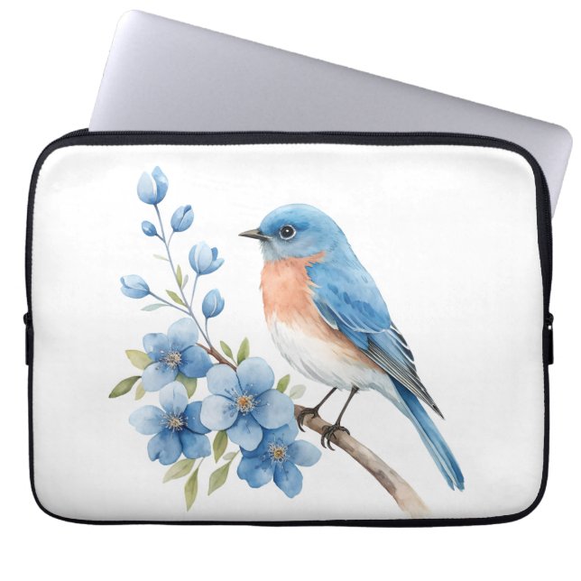 Blue bird with blue flowers laptop sleeve (Voorkant)