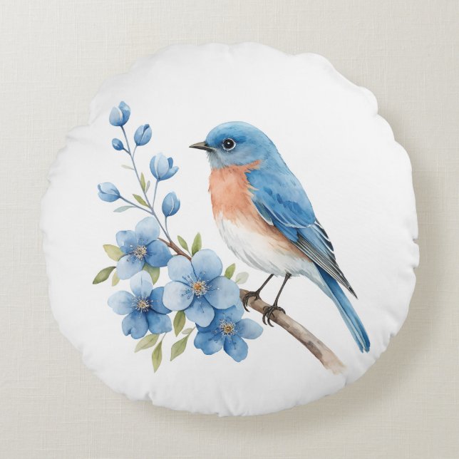 Blue bird with blue flowers rond kussen (Voorkant)