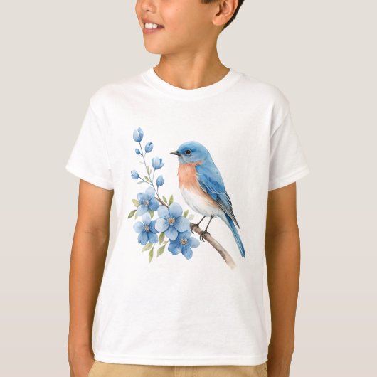 Blue bird with blue flowers t-shirt (Voorkant)