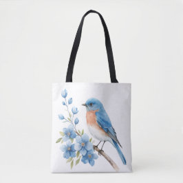 Blue bird with blue flowers tote bag