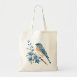 Blue bird with blue flowers tote bag