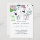 Blue  Birdcages Floral Wedding Invitation Kaart (Voorkant)