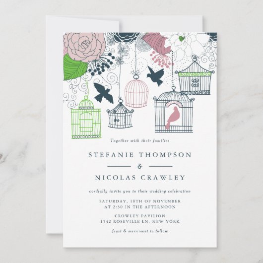 Blue  Birdcages Floral Wedding Invitation Kaart (Voorkant)
