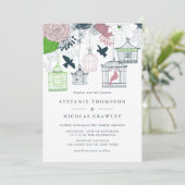 Blue  Birdcages Floral Wedding Invitation Kaart (Staand voorkant)