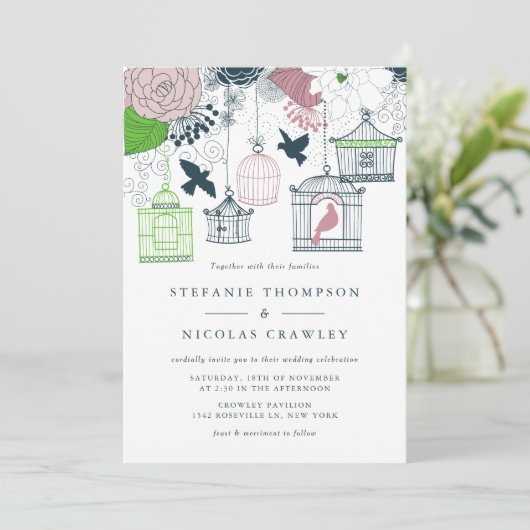 Blue  Birdcages Floral Wedding Invitation Kaart (Staand voorkant)