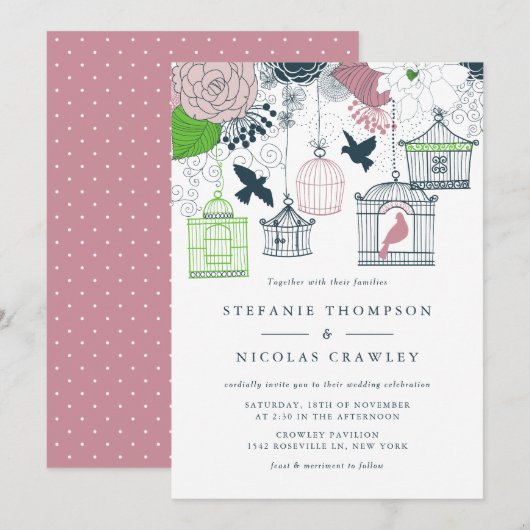Blue  Birdcages Floral Wedding Invitation Kaart (Voorkant / Achterkant)