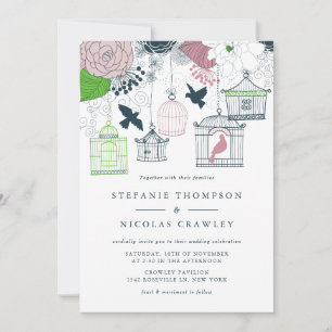Blue  Birdcages Floral Wedding Invitation Kaart