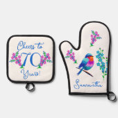 Blue Birdie Forget Me Not Flower 70th Birthday Ovenwant & Pannenlap Set (Voorkant)