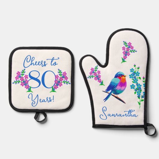 Blue Birdie Forget Me Not Flower 80th Birthday Ovenwant & Pannenlap Set (Voorkant)