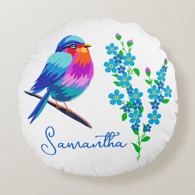 Blue Birdie Forget Me Not Flower 80th Birthday Rond Kussen (Voorkant)