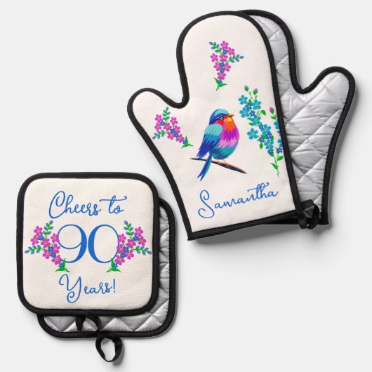 Blue Birdie Forget Me Not Flower 90th Birthday Ovenwant & Pannenlap Set (Voorkant / Achterkant)