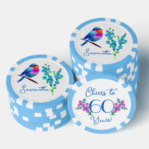 Blue Birdie Forget Me Not Flowers 60ste verjaardag Poker Chips