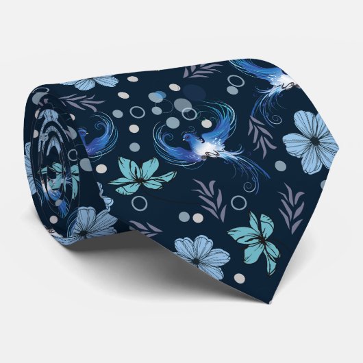 Blue Birds and Floral Harmony Seamless Pattern Stropdas (Opgerold)