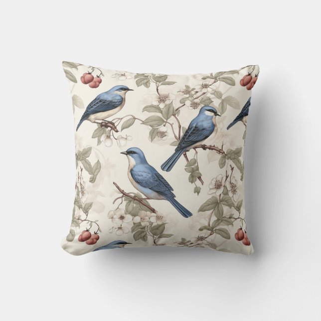Blue Birds met bessen en bloesems  Kussen (Voorkant)