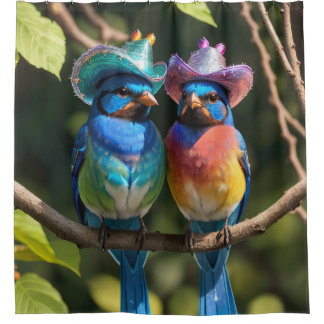 Blue Birds met Sparkly Cowboy Petten Douchegordijn