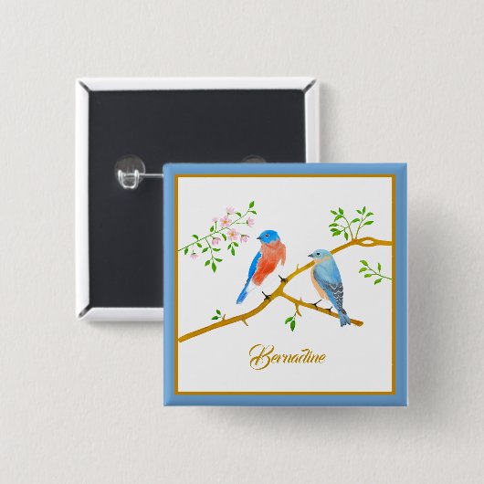 Blue Birds Square Name Button (Voorkant /achterkant)