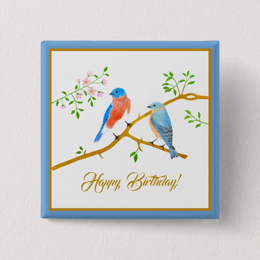 Blue Birds Square Verjaardag Button (Voorkant)
