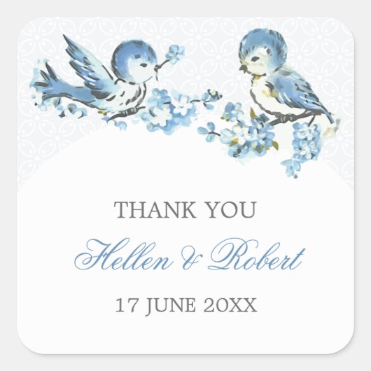 Blue Birds Winter Bruiloft Dank je wel Vierkante Sticker (Voorkant)