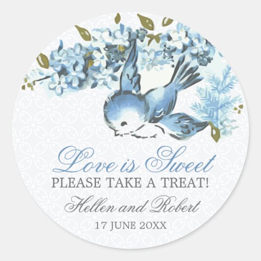 Blue Birds Winter bruiloft traktatie gunst Ronde Sticker (Voorkant)