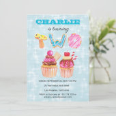 Blue Birthday 2e Schattigee Cup Cake Invitation Kaart (Staand voorkant)