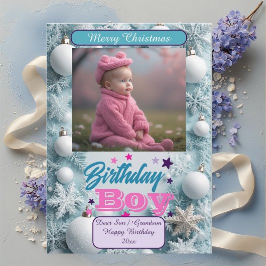 Blue Birthday Boy White Christmas Snowflakes Photo Feestdagenkaart