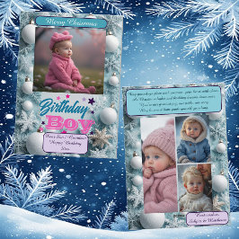 Blue Birthday Boy White Christmas Snowflakes Photo Feestdagenkaart
