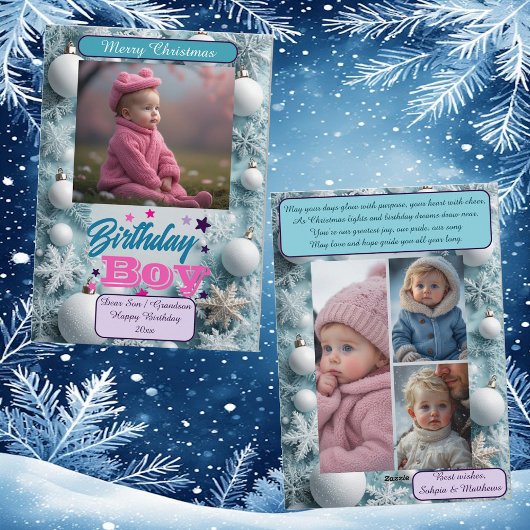 Blue Birthday Boy White Christmas Snowflakes Photo Feestdagenkaart