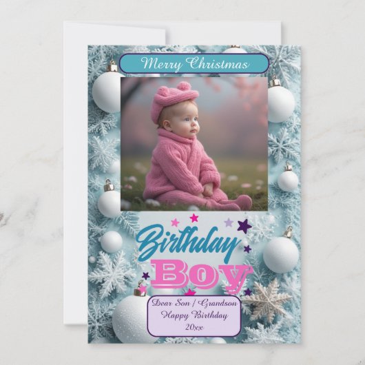 Blue Birthday Boy White Christmas Snowflakes Photo Feestdagenkaart (Voorkant)