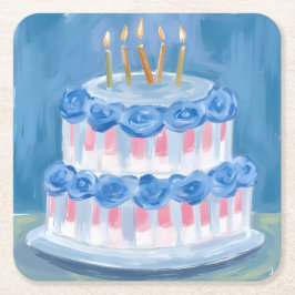 Blue Birthday Cake Watercolor Celebration Party Kartonnen Onderzetters