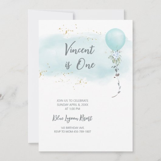 Blue Birthday Invitation baby Boy waterkleur Kaart (Voorkant)