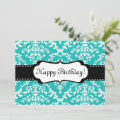 Blue Birthday Invitation Cute Damask Sweet 16 Kaart (Staand voorkant)