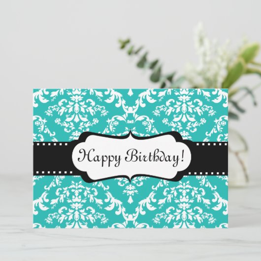 Blue Birthday Invitation Cute Damask Sweet 16 Kaart (Staand voorkant)