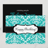 Blue Birthday Invitation Cute Damask Sweet 16 Kaart (Voorkant / Achterkant)