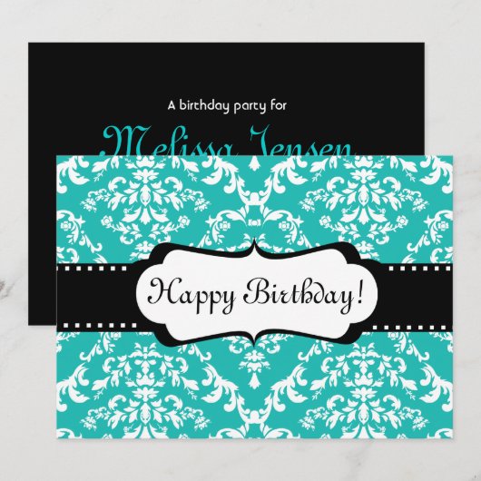 Blue Birthday Invitation Cute Damask Sweet 16 Kaart (Voorkant / Achterkant)