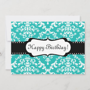 Blue Birthday Invitation Cute Damask Sweet 16 Kaart