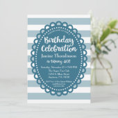 Blue Birthday Invitation Cute Wide Stripe Adult Kaart (Staand voorkant)
