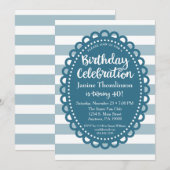 Blue Birthday Invitation Cute Wide Stripe Adult Kaart (Voorkant / Achterkant)