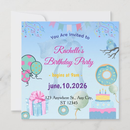Blue  Birthday Invitation Kaart (Voorkant)