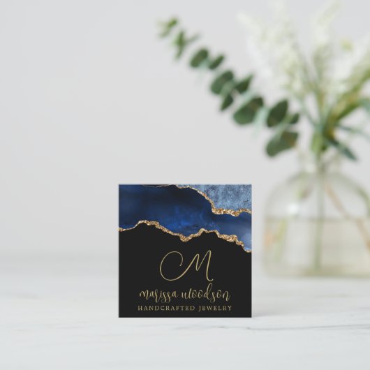 Blue Black Agate Geode Monogrammed Jewelry Design Vierkante Visitekaartje (Staand voorkant)