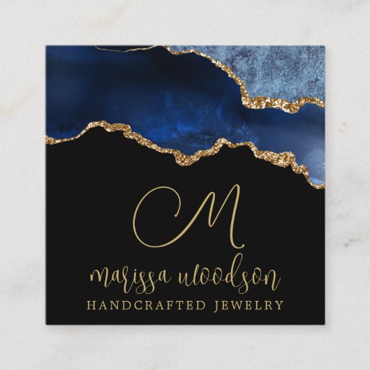 Blue Black Agate Geode Monogrammed Jewelry Design Vierkante Visitekaartje (Voorkant)