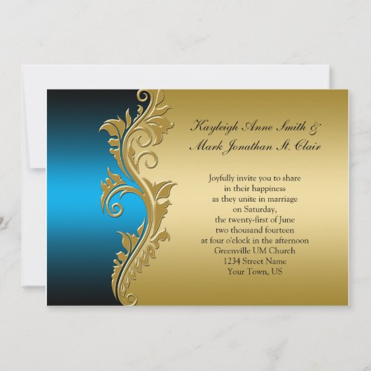  Blue Black and Gold Wedding Invitation Kaart (Voorkant)