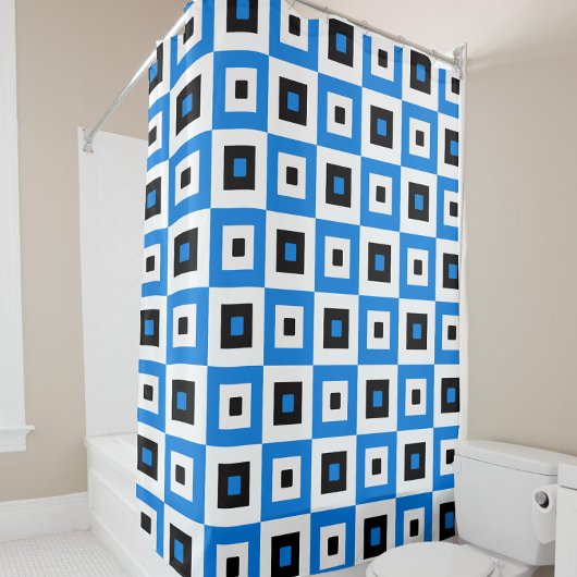 Blue Black and White Checkered Squares Pattern Douchegordijn
