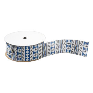 Blue Black Aztec Tribal Print Geometric Pattern Grosgrain Lint