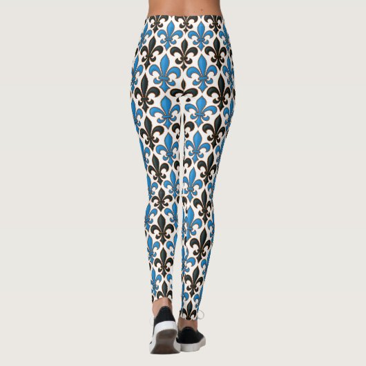 Blue Black Baroque Fleur-de-lis Pattern Design Leggings (Achterkant)