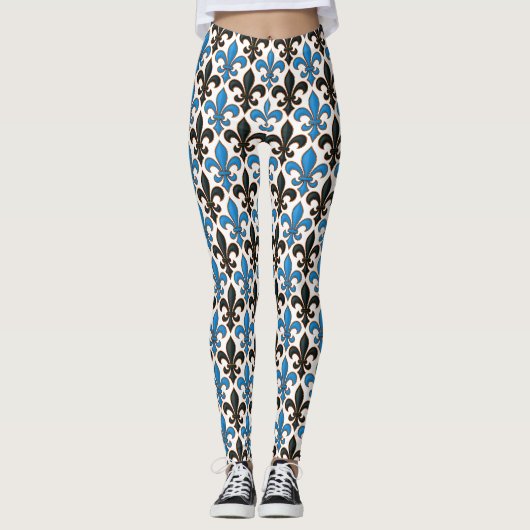 Blue Black Baroque Fleur-de-lis Pattern Design  Leggings (Voorkant)