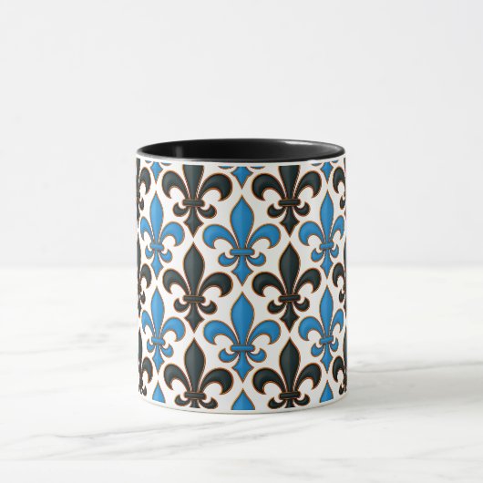 Blue Black Baroque Fleur-de-lis Pattern Design Mok (Midden)
