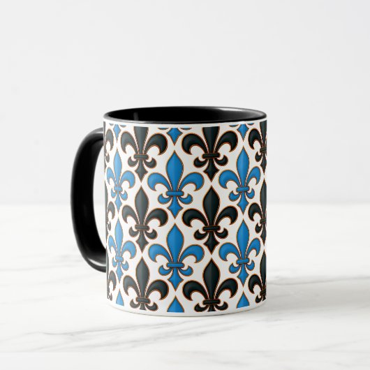 Blue Black Baroque Fleur-de-lis Pattern Design Mok (Voorkant links)