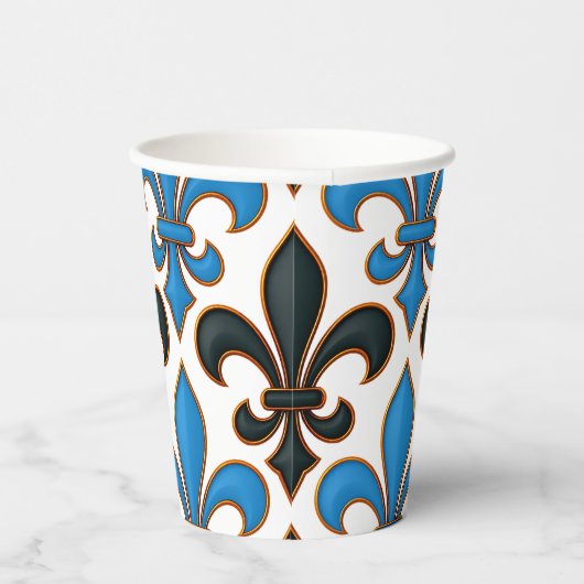 Blue Black Baroque Fleur-de-lis Pattern Design  Papieren Bekers (Rechts)